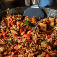 Ground beef and vegetable skillet meal.