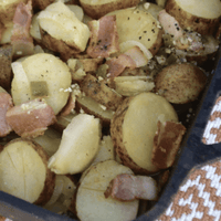 Baked potato slices with bacon and seasonings.