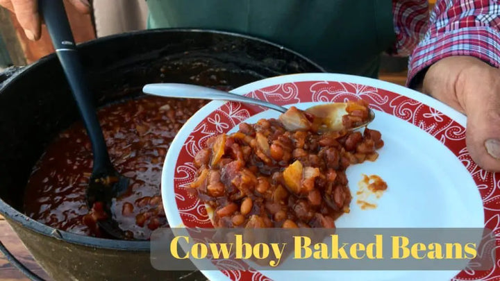 Cowboy baked beans on a white plate.