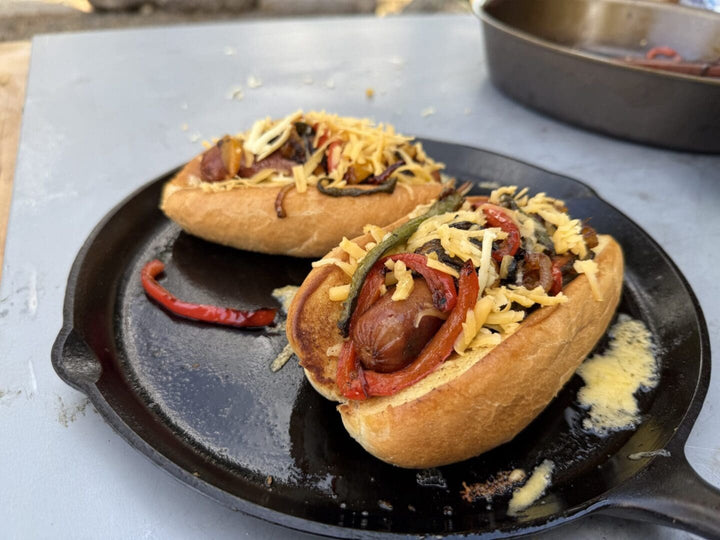 Grilled sausage and veggie hot dogs.