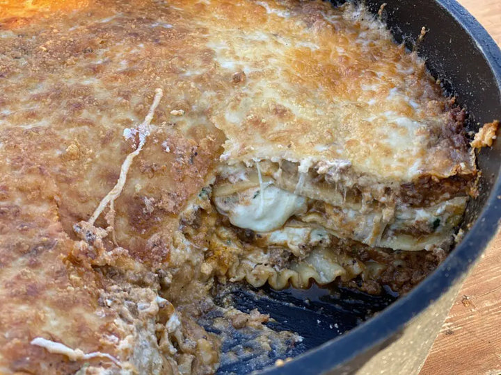A close up of kent rollins cowboy lasagna in a pan