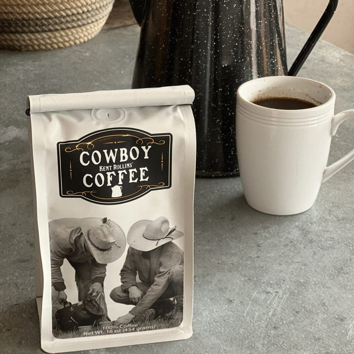 Cowboy Kent Rollins coffee bag with cup of coffee.