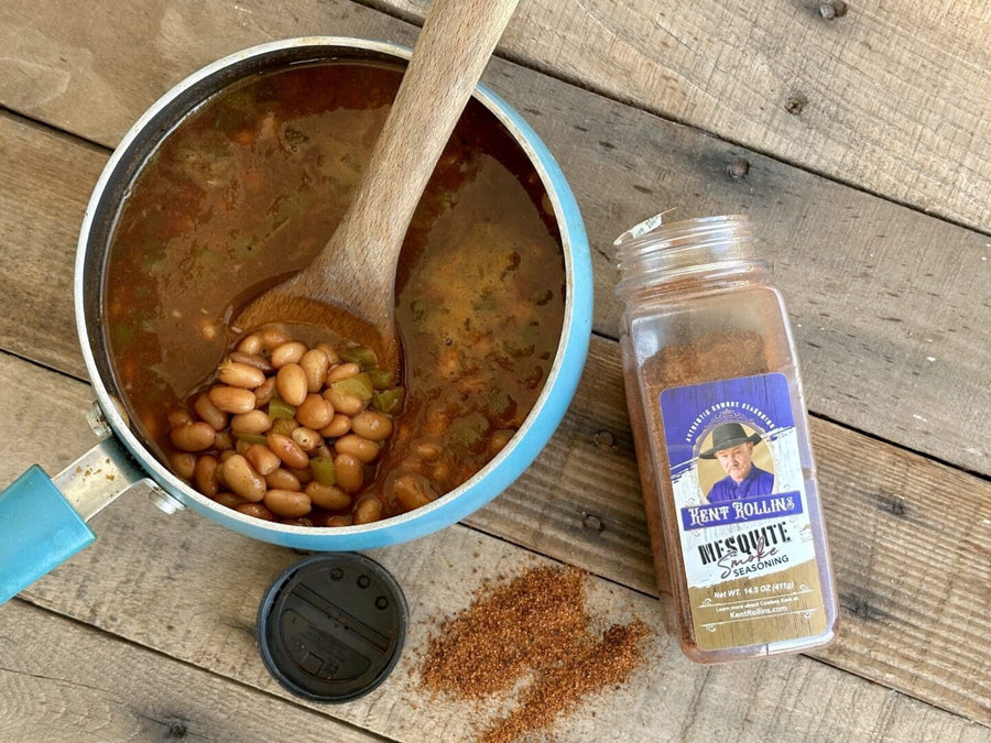 Spicy beans in pot with seasoning.