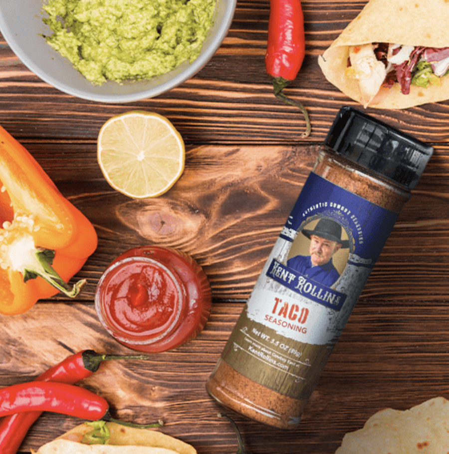 Kent Rollin's Taco Seasoning with ingredients.