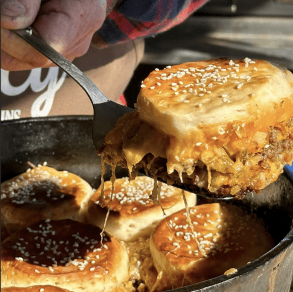 Cheesy, meaty biscuit bake in cast iron.