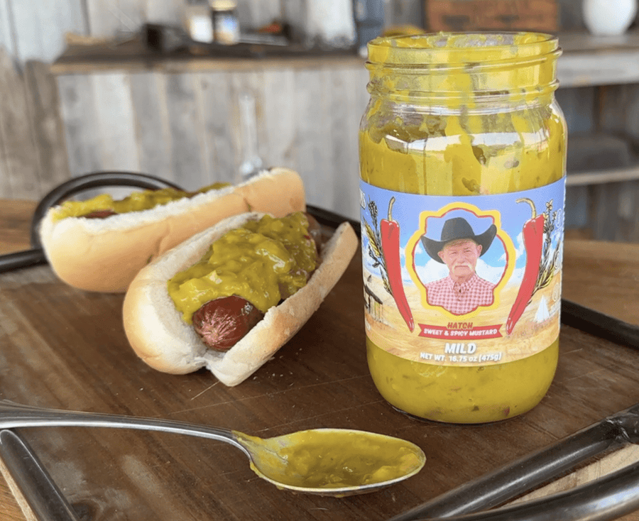 Hot dogs with Hatch mild mustard.