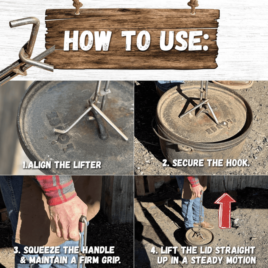 Here's an alt tag for the image: Four steps to safely lift a Dutch oven lid.