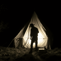 Silhouette of a man standing near a tent.