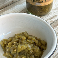 Hatch green chile in a white bowl.