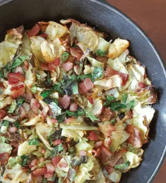 A close up of food in a pan on the table