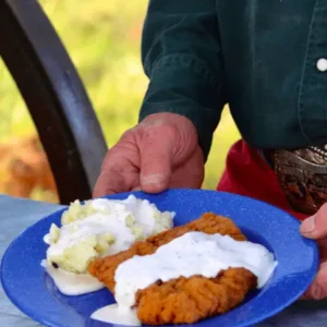 Fried chicken with mashed potatoes and gravy.