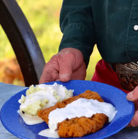 Fried chicken with mashed potatoes and gravy.