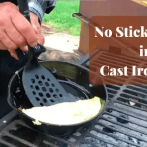 Cooking a no-stick omelette in a cast iron skillet.