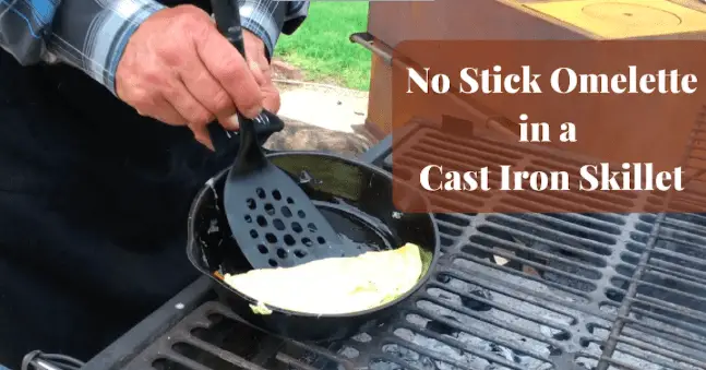 Cooking a no-stick omelette in a cast iron skillet.