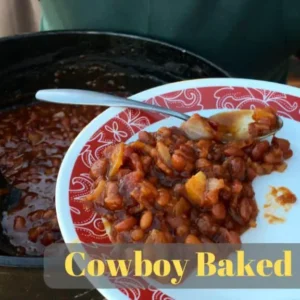 Cowboy baked beans on a white plate.