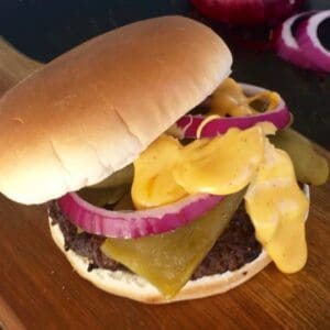 Cheeseburger with onion and pickles on bun.