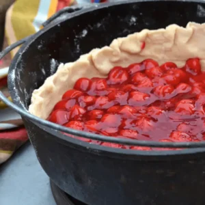 Cherry pie crust in a dutch oven.