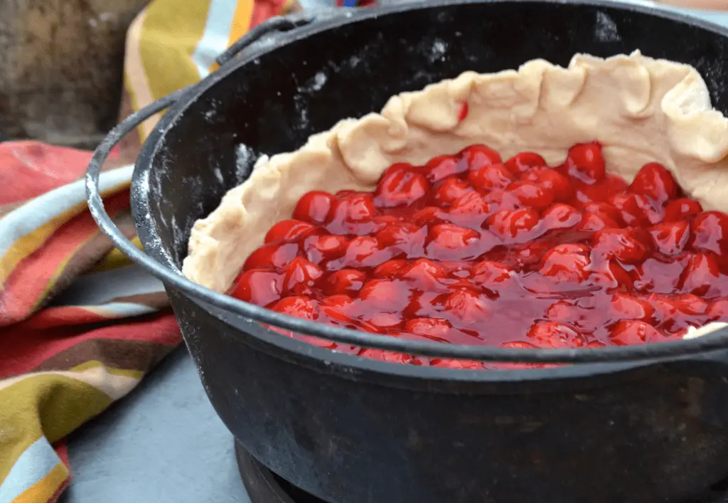 Cherry pie crust in a dutch oven.