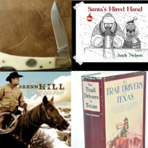 Cowboy riding a horse with a pocket knife and books.