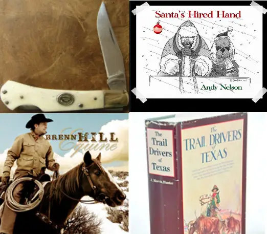 Cowboy riding a horse with a pocket knife and books.