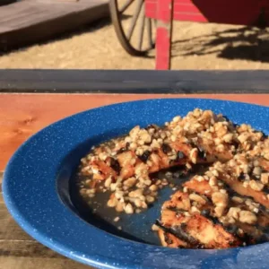 Grilled chicken with walnut sauce on blue plate.