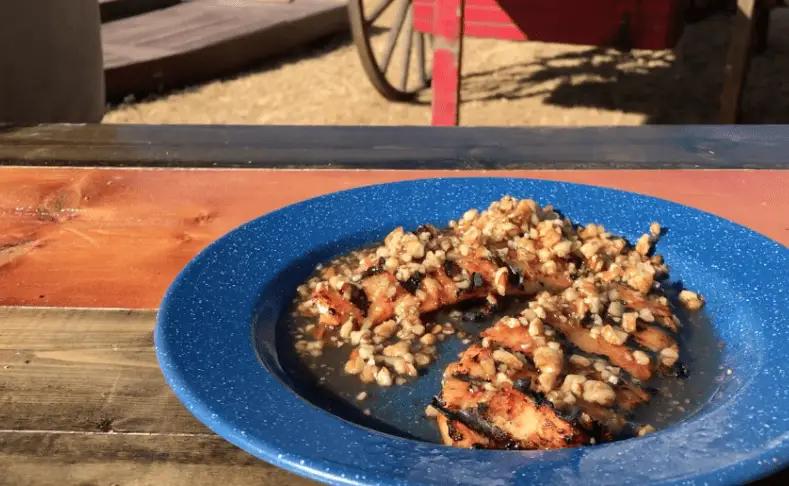 Grilled chicken with walnut sauce on blue plate.