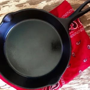 Black cast iron skillet on red bandana.