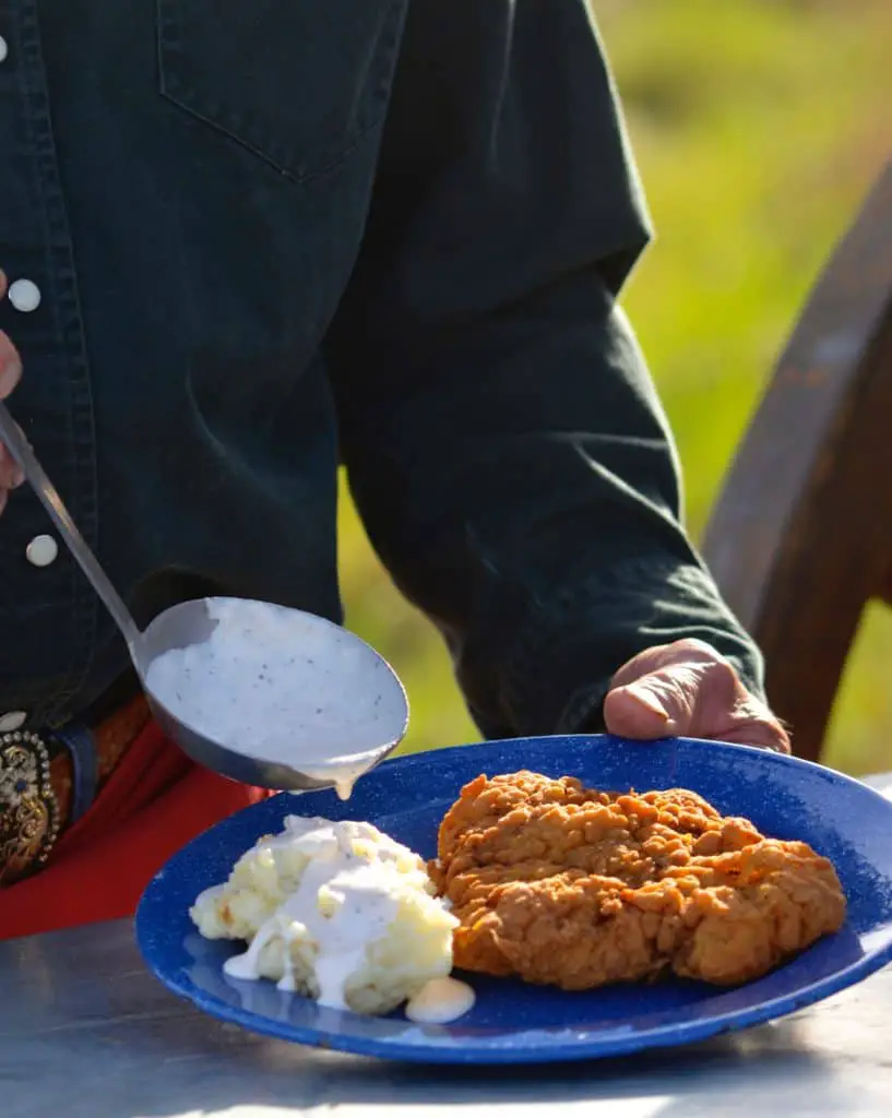 Fried chicken, mashed potatoes, and gravy.