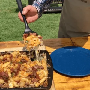 Cheesy loaded fries being served on a plate.