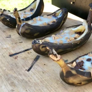 Grilled banana boats with chocolate and peanut butter.