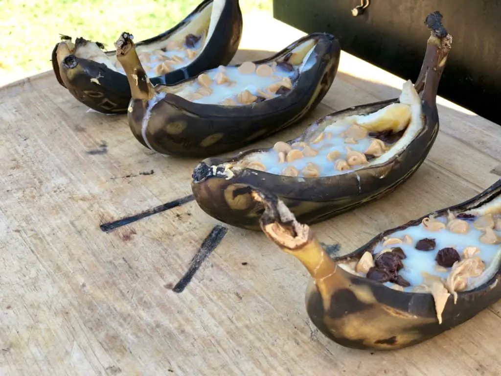 Grilled banana boats with chocolate and peanut butter.