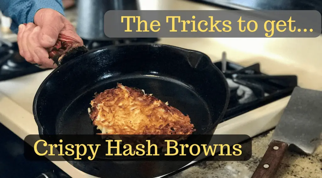 Crispy hash browns cooking in a pan.