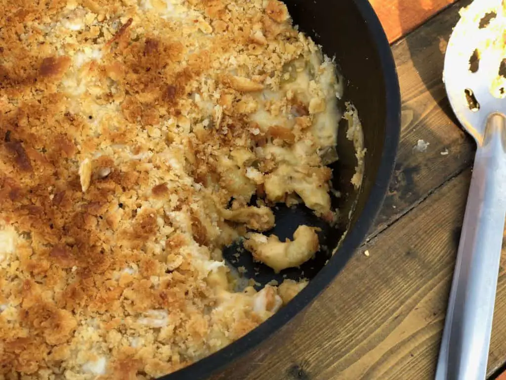 Golden brown mac and cheese casserole in a pan.