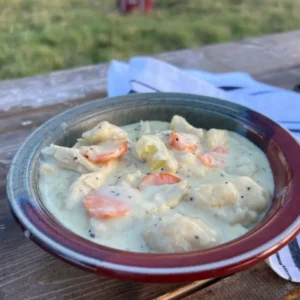 Bowl of creamy chicken and dumplings.