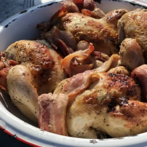 Roasted chicken and bacon in a bowl.