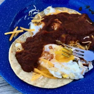 Tortilla with eggs, cheese, and salsa on a blue plate.