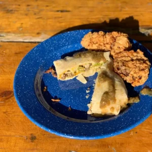 Fried chicken and tacos on blue plate.