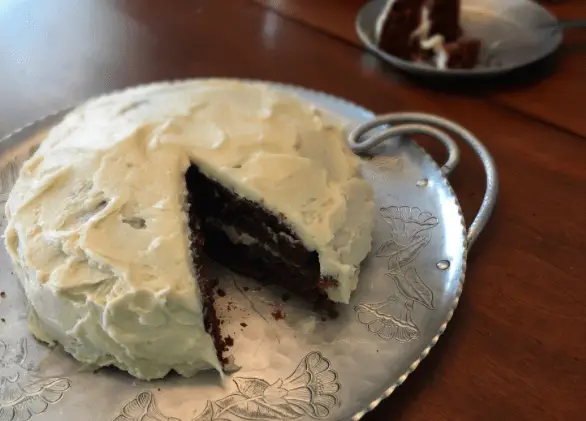 Chocolate cake with white frosting on a plate.