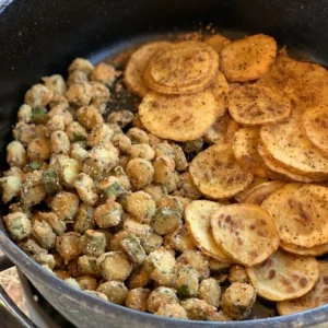 Fried okra and potato chips in a cast iron pot.