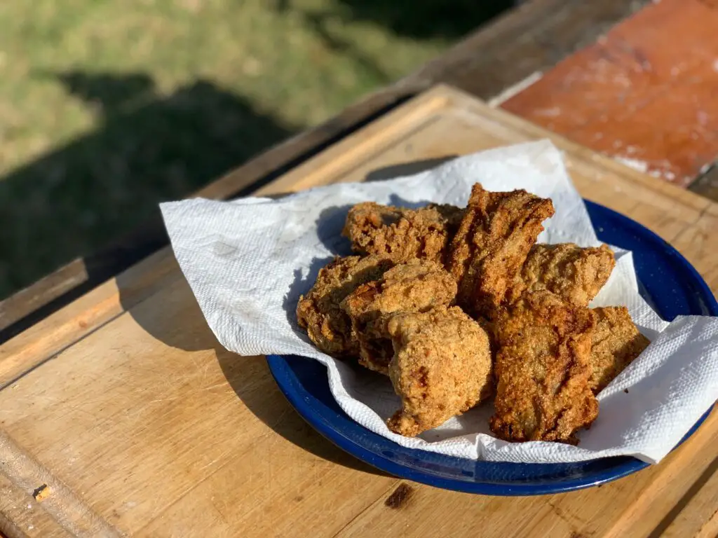 Fried fish on a blue plate and paper towel.