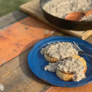 Two biscuits with gravy on a blue plate.