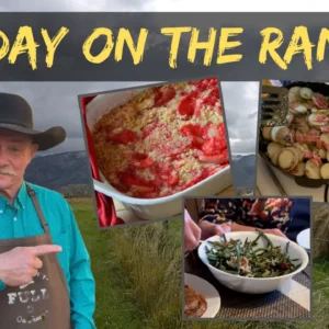 A man in cowboy hat and apron cooking food.