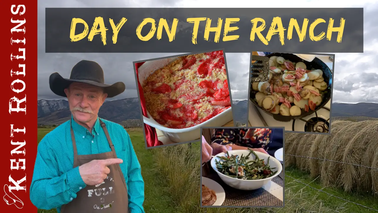 A man in cowboy hat and apron cooking food.