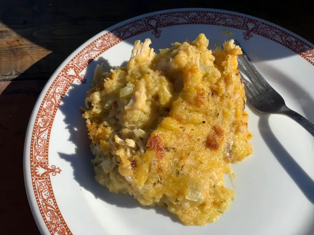 Chicken and stuffing on a white plate.