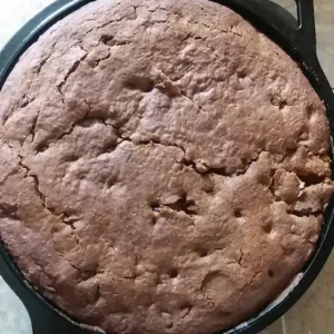 Chocolate cake in a cast iron skillet.