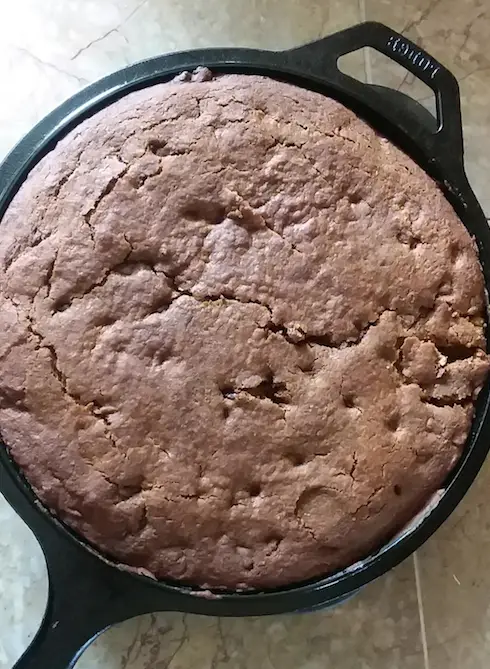 Chocolate cake in a cast iron skillet.