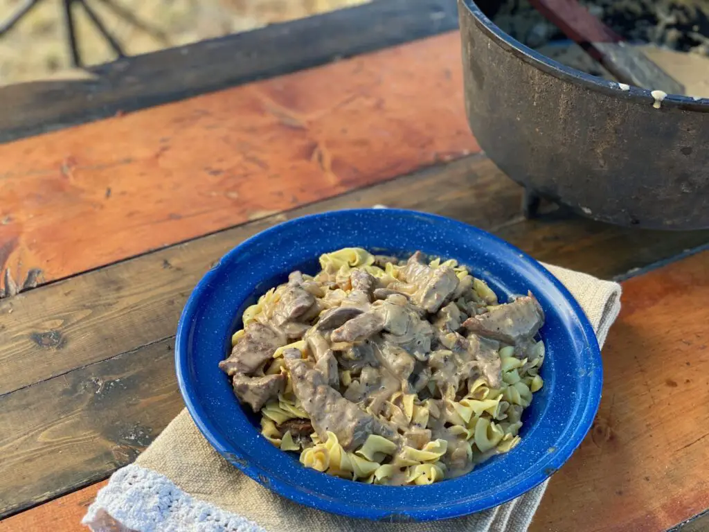 Beef stroganoff served on a blue plate.