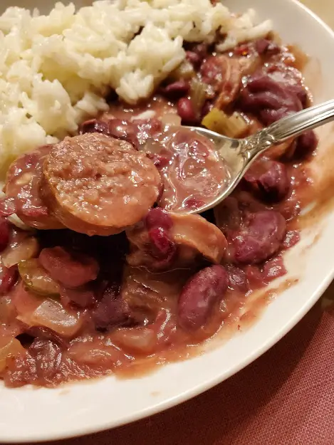 Red beans and rice with sausage in a bowl.