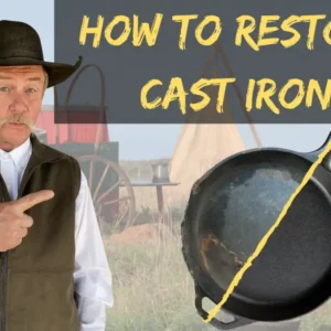 Man pointing at a cast iron skillet.