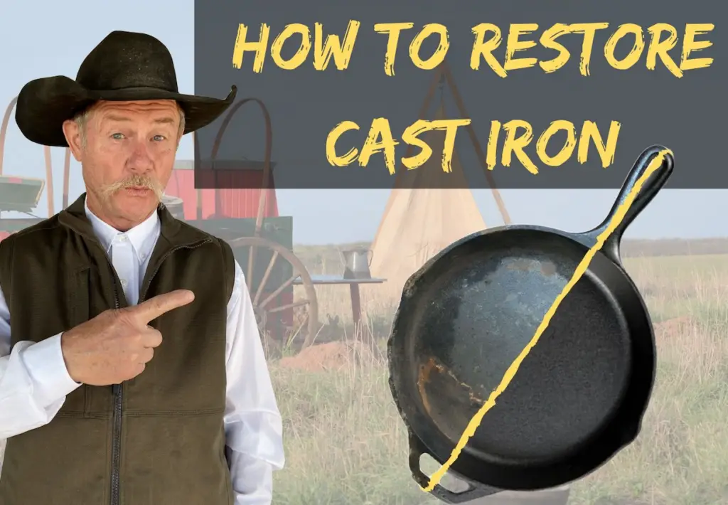 Man pointing at a cast iron skillet.